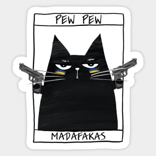 Funny black cat and inscription "Pew pew" Sticker